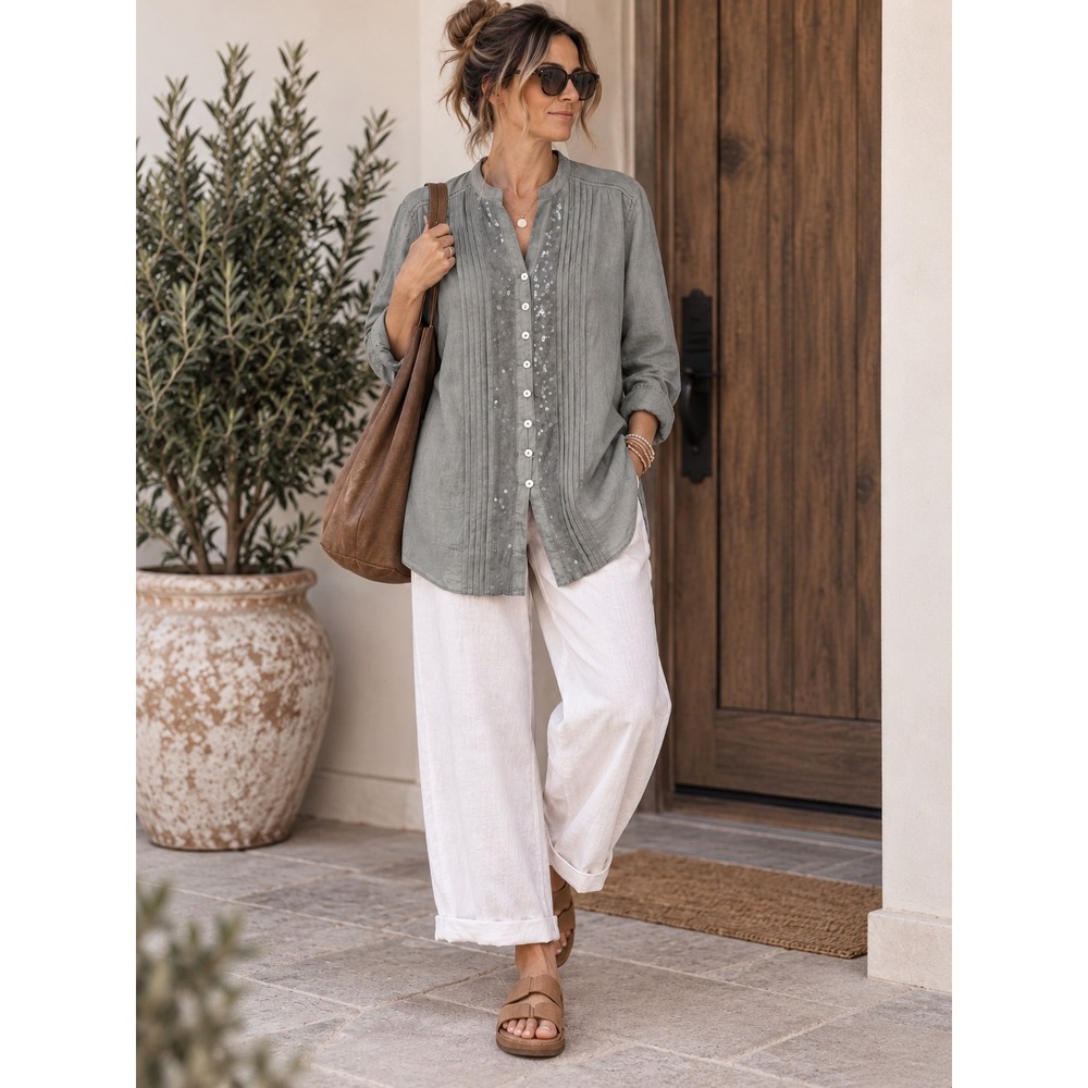 Poetry Linen Blouse Women 18 Grey 100% Linen Sequin Pintuck Pleated Top Elegant